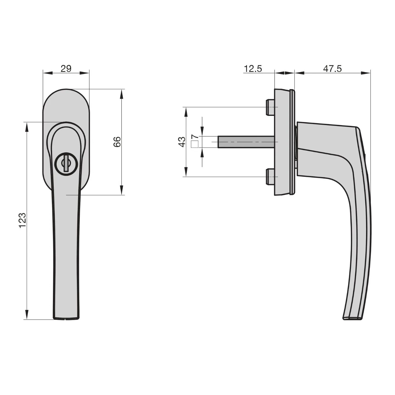 Technische Zeichnung Basi Fenstergriff, abschließbar, Alu weiß, Maße: 123x29x66 mm, Tür- & Fenstersicherung.